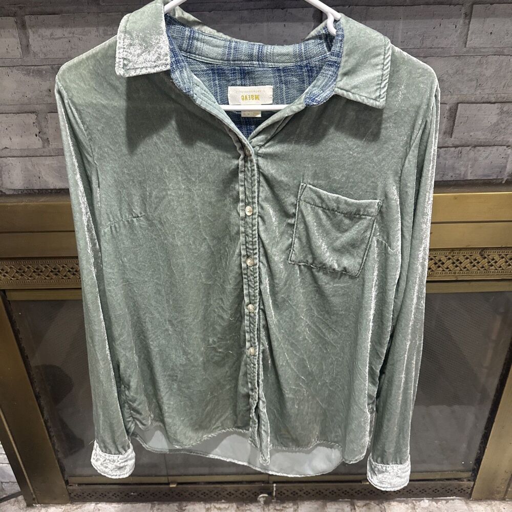 Maeve Anthropologie Crushed Green Karina LS Velvet Button Up Women's Top Size 4